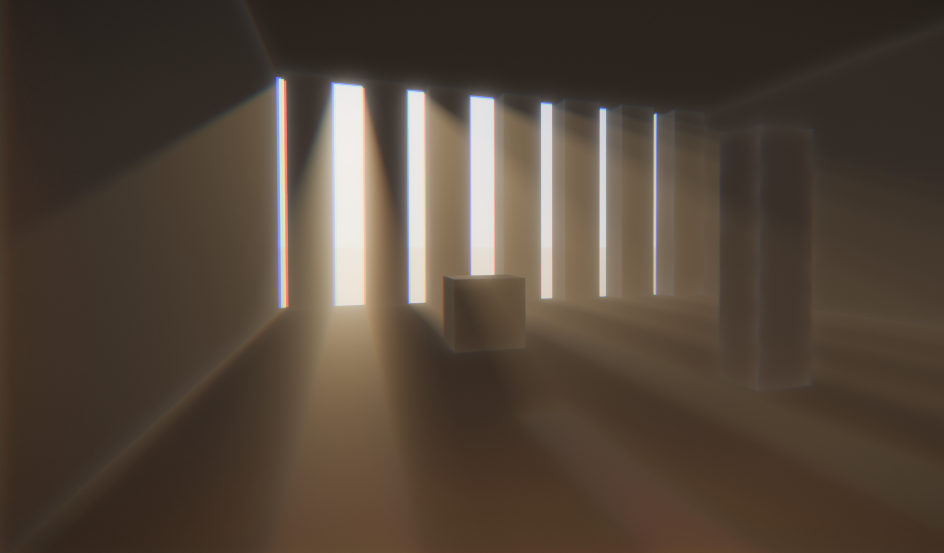 Godrays — path-traced shafts through a slotted wall, nothing baked