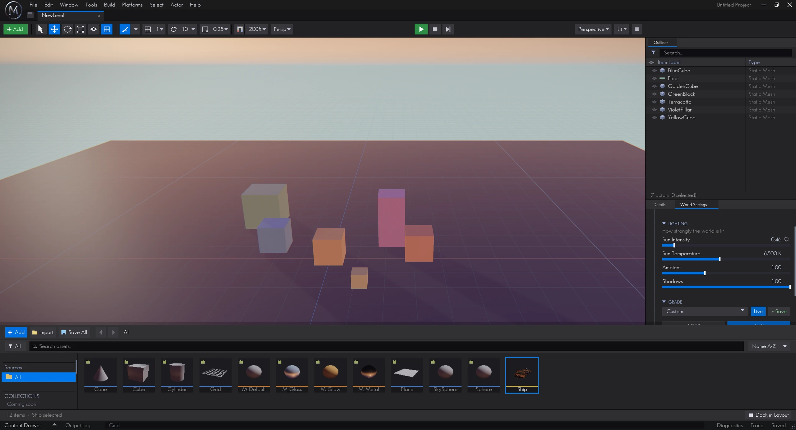 The level editor — sun, ambient and AgX grading tuned live in World Settings