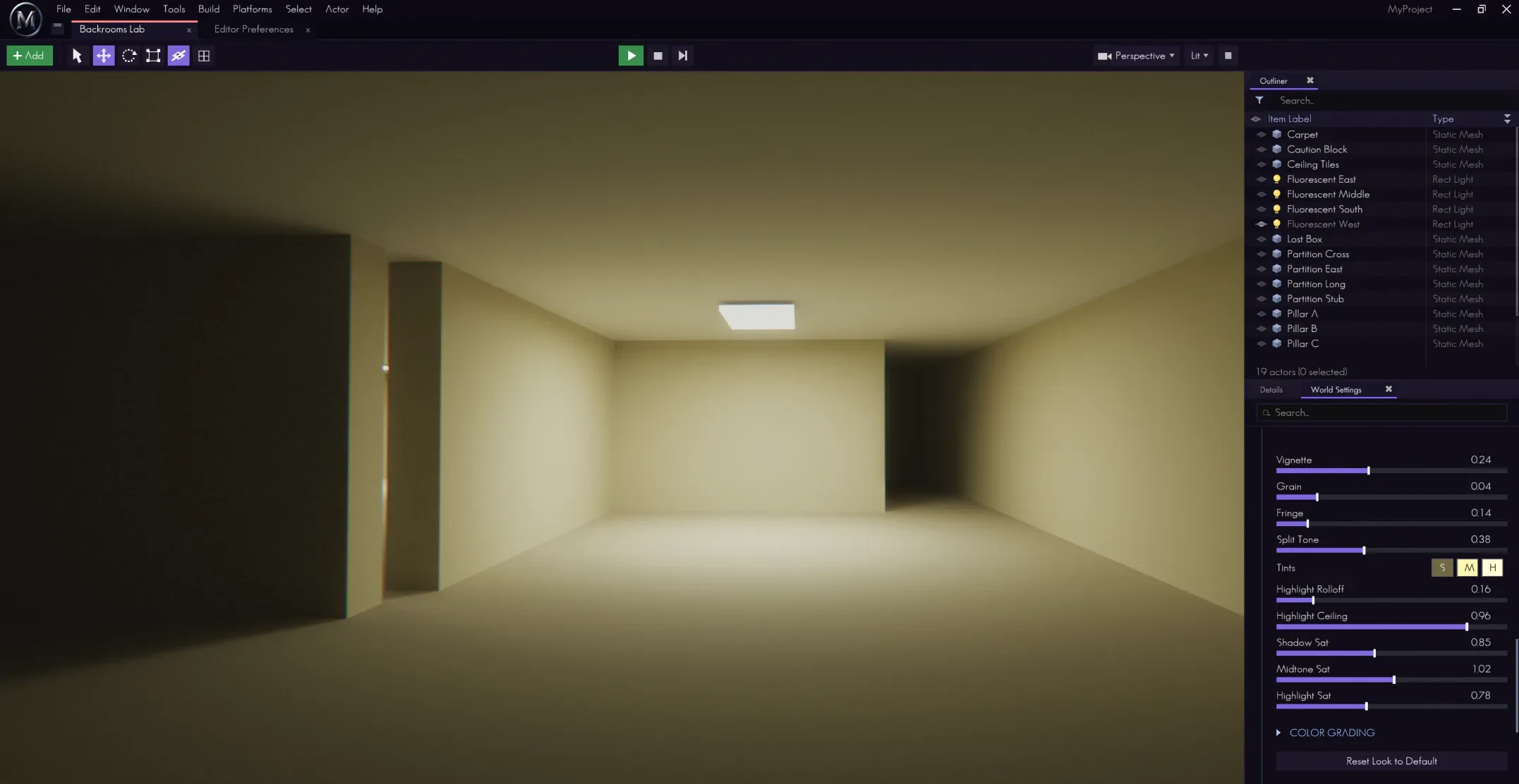 The level editor: the path tracer running real-time, one ceiling panel lighting the whole room