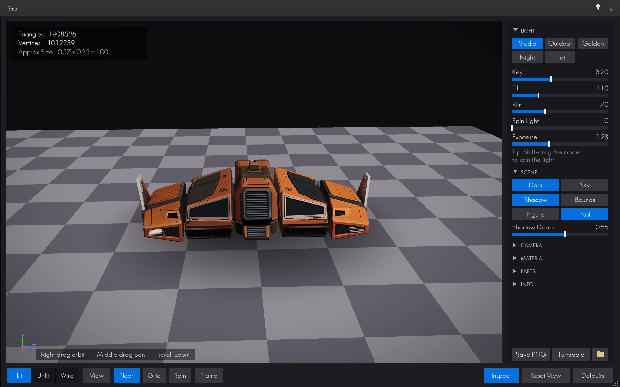 The model viewer — a 1.9M-triangle ship under three-point studio lighting