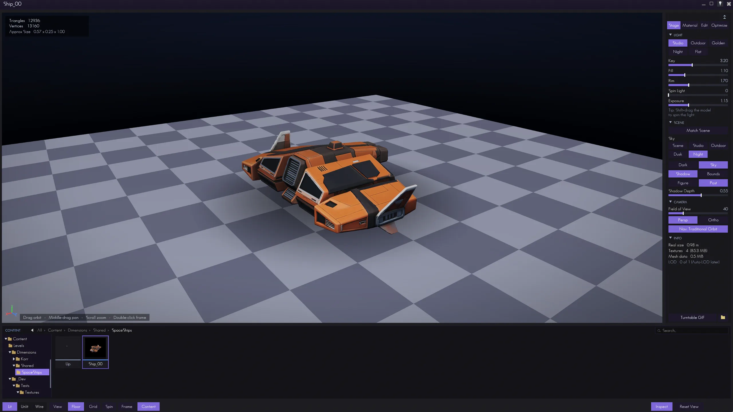 The model viewer: a ship staged under three-point studio lighting