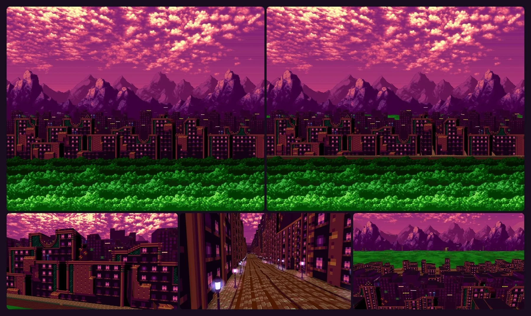 Spring Yard Zone in 3D: Lapper's repainted background of purple mountains, a dusk city and green hills at top left, my 3D recreation of it from the same spot at top right, and the same place from three other angles: the city at dusk, a lamp-lit brick street, and the valley seen over the rooftops