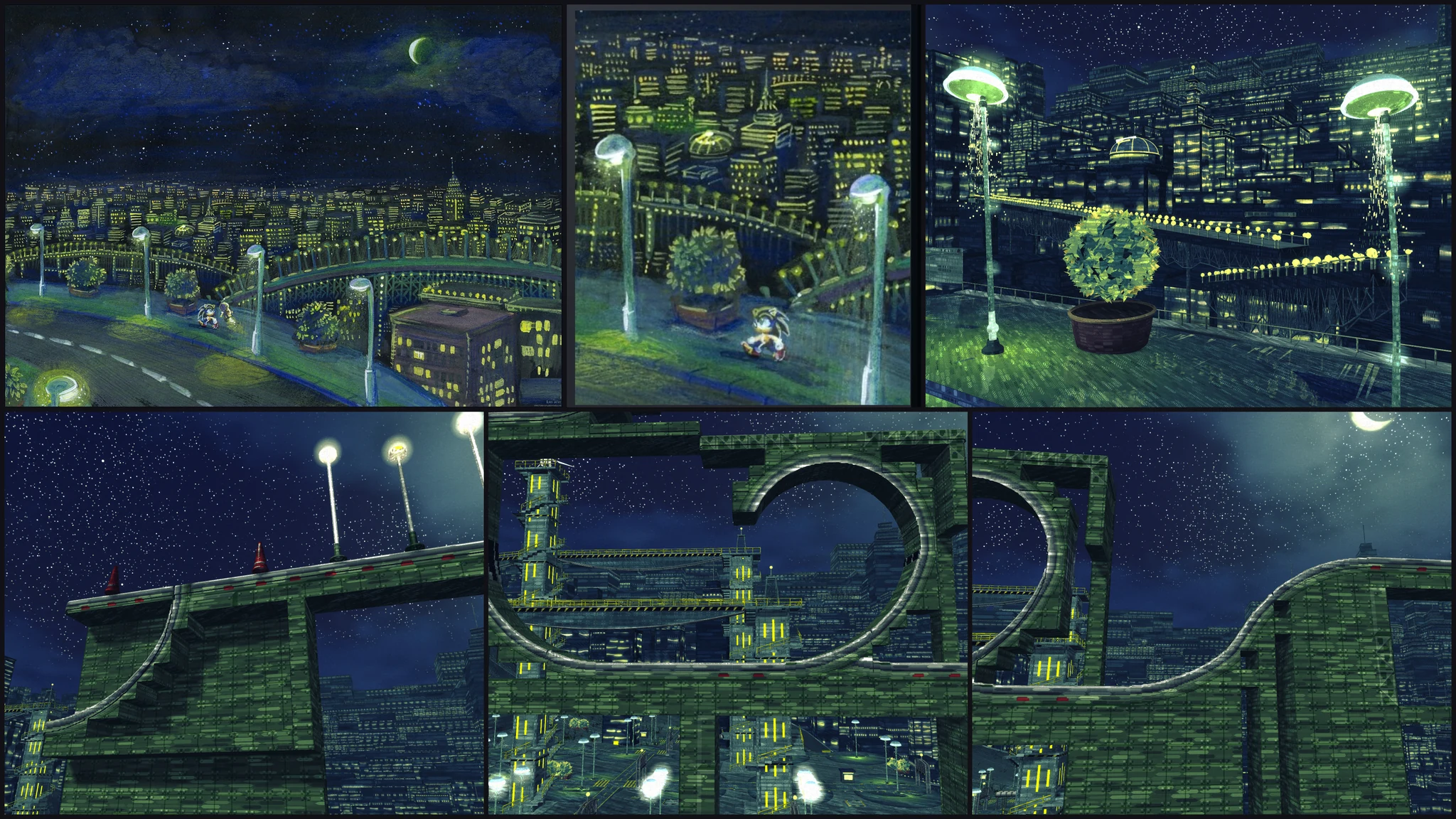 Star Light Zone in 3D at night: Liris-San's painting of the city under a crescent moon at top left, then the zone painted live with glowing lamps, potted shrubs and the lit city below, and the game's own girders and loops against the stars